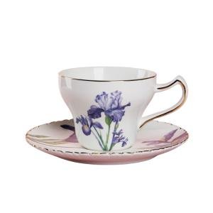 Pfedxoon Bone China Tea Cup Set with Saucer and Spoon, 3 Piece, 7oz, Cappuccino and Latte Cups, Porcelain, British Style, Mother's Day Gift (Purple Iris)