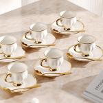 YL Xunked Ceramic coffee cups and saucers, 6 cups 6 saucers 6 spoons, 18 pieces 3 ounce gold rim cup sets, teacup tea set sets, suitable for cappuccino, latte, mocha (Contemporary)