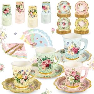140PCS Spring Tea Party Decorations, Floral Paper Tea Cups & Saucer Set, Disposable Floral Cups With Handle Napkins Plates Knives Forks for Girls Kids Afternoon Tea Birthday, Wedding Party Supplies