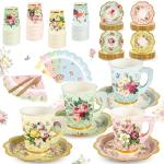 140PCS Spring Tea Party Decorations, Floral Paper Tea Cups & Saucer Set, Disposable Floral Cups With Handle Napkins Plates Knives Forks for Girls Kids Afternoon Tea Birthday, Wedding Party Supplies