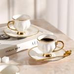 YL Xunked Ceramic coffee cups and saucers, 6 cups 6 saucers 6 spoons, 18 pieces 3 ounce gold rim cup sets, teacup tea set sets, suitable for cappuccino, latte, mocha (Contemporary)