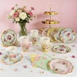 140PCS Spring Tea Party Decorations, Floral Paper Tea Cups & Saucer Set, Disposable Floral Cups With Handle Napkins Plates Knives Forks for Girls Kids Afternoon Tea Birthday, Wedding Party Supplies