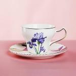Pfedxoon Bone China Tea Cup Set with Saucer and Spoon, 3 Piece, 7oz, Cappuccino and Latte Cups, Porcelain, British Style, Mother's Day Gift (Purple Iris)