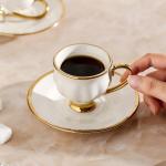 YL Xunked Ceramic coffee cups and saucers, 6 cups 6 saucers 6 spoons, 18 pieces 3 ounce gold rim cup sets, teacup tea set sets, suitable for cappuccino, latte, mocha (Contemporary)
