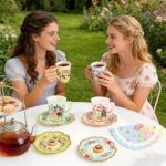 140PCS Spring Tea Party Decorations, Floral Paper Tea Cups & Saucer Set, Disposable Floral Cups With Handle Napkins Plates Knives Forks for Girls Kids Afternoon Tea Birthday, Wedding Party Supplies