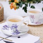 Pfedxoon Bone China Tea Cup Set with Saucer and Spoon, 3 Piece, 7oz, Cappuccino and Latte Cups, Porcelain, British Style, Mother's Day Gift (Purple Iris)