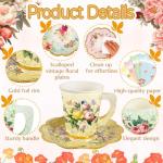 140PCS Spring Tea Party Decorations, Floral Paper Tea Cups & Saucer Set, Disposable Floral Cups With Handle Napkins Plates Knives Forks for Girls Kids Afternoon Tea Birthday, Wedding Party Supplies