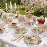 140PCS Spring Tea Party Decorations, Floral Paper Tea Cups & Saucer Set, Disposable Floral Cups With Handle Napkins Plates Knives Forks for Girls Kids Afternoon Tea Birthday, Wedding Party Supplies