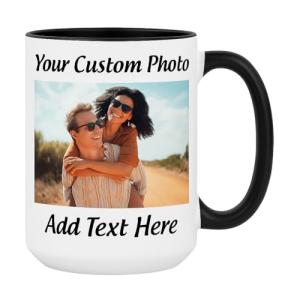 Personalized Coffee Mug 15oz Ceramic – Custom Photo, Text or Logo Cup | Double-Sided Print, Dishwasher & Microwave Safe | Gift for Thanksgiving, Mom Dad Teacher Friend Birthday Christmas (Black)