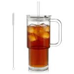 KEMORELA 26oz Ribbed Glass Mug with Handle and Lid – Large Clear Tumbler for Iced Coffee, Tea, Smoothies & Hot Drinks, Reusable Glass Cup with Straw, Dishwasher Safe, Travel Friendly
