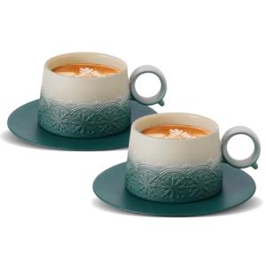 ZENS 7.3 Ounce Cappuccino Mug Set of 2, Artistic Embossed Cappuccino Cups Set with Saucers, Ceramic Coffee Cups for Double Espresso, Au Lait, Latte or Tea, Coffee Lovers Gifts, Dark Green
