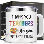 Lifecapido Art Teacher Gifts, Thank You Teachers Like You Paint Bright Futures 14oz Insulated Coffee Mug with Keychain, Art Teacher Appreciation Gifts, White