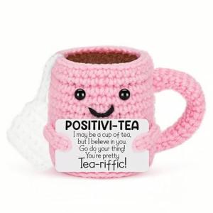 Cute Birthday Gifts for Women, Positive Handmade Crochet Pink Tea Cup Desk Decor–Tea Lovers Funny Unique Emotional Small Gift for Best Friends Girlfriend Wife Mom Coworkers Thank You Valentines Day