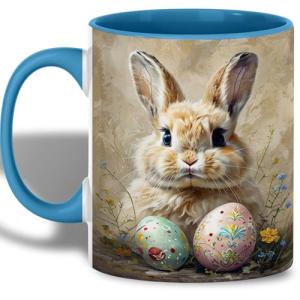Easter Bunny with Painted Eggs Mug, 11oz Ceramic Coffee Cup, Spring Animal Theme Tea Cup, Rustic Farm Style Drinkware, Floral Holiday Home Decor Gift