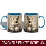 Easter Bunny with Painted Eggs Mug, 11oz Ceramic Coffee Cup, Spring Animal Theme Tea Cup, Rustic Farm Style Drinkware, Floral Holiday Home Decor Gift