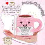 Cute Birthday Gifts for Women, Positive Handmade Crochet Pink Tea Cup Desk Decor–Tea Lovers Funny Unique Emotional Small Gift for Best Friends Girlfriend Wife Mom Coworkers Thank You Valentines Day