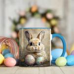 Easter Bunny with Painted Eggs Mug, 11oz Ceramic Coffee Cup, Spring Animal Theme Tea Cup, Rustic Farm Style Drinkware, Floral Holiday Home Decor Gift