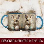 Easter Bunny with Painted Eggs Mug, 11oz Ceramic Coffee Cup, Spring Animal Theme Tea Cup, Rustic Farm Style Drinkware, Floral Holiday Home Decor Gift