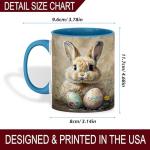 Easter Bunny with Painted Eggs Mug, 11oz Ceramic Coffee Cup, Spring Animal Theme Tea Cup, Rustic Farm Style Drinkware, Floral Holiday Home Decor Gift