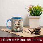 Easter Bunny with Painted Eggs Mug, 11oz Ceramic Coffee Cup, Spring Animal Theme Tea Cup, Rustic Farm Style Drinkware, Floral Holiday Home Decor Gift