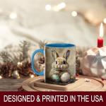 Easter Bunny with Painted Eggs Mug, 11oz Ceramic Coffee Cup, Spring Animal Theme Tea Cup, Rustic Farm Style Drinkware, Floral Holiday Home Decor Gift
