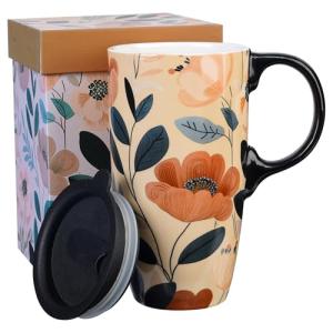 Topadorn Coffee Ceramic Mug Porcelain Latte Tea Cup With Lid in Gift Box 17oz., Leaves & Flowers.