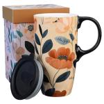 Topadorn Coffee Ceramic Mug Porcelain Latte Tea Cup With Lid in Gift Box 17oz., Leaves & Flowers.