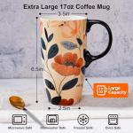Topadorn Coffee Ceramic Mug Porcelain Latte Tea Cup With Lid in Gift Box 17oz., Leaves & Flowers.