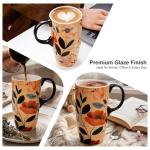 Topadorn Coffee Ceramic Mug Porcelain Latte Tea Cup With Lid in Gift Box 17oz., Leaves & Flowers.