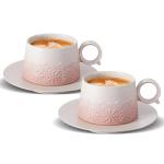 ZENS 7.3 Ounce Cappuccino Cups Set of 2, Artistic Embossed Cappuccino Mug with Saucers, Ceramic Coffee Cups for Double Espresso, Au Lait, Latte or Tea, Coffee Lovers Gifts, Pale Pink