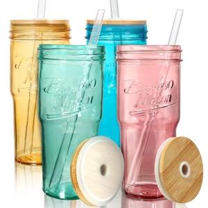 ANOTION Colored Glass Cups with Lids and Straws - 24oz Travel Coffee Mug Wide Mouth Mason Jar Iced Coffee Cup Smoothie Cup Glass Tumbler Tea Cup Clear Cute Water Cups Colorful Drinking Glasses