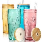 ANOTION Colored Glass Cups with Lids and Straws - 24oz Travel Coffee Mug Wide Mouth Mason Jar Iced Coffee Cup Smoothie Cup Glass Tumbler Tea Cup Clear Cute Water Cups Colorful Drinking Glasses