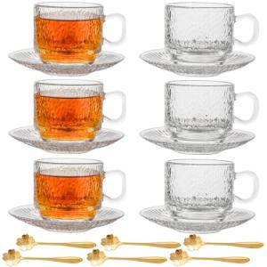 Atarvana 6 Pack Glass Tea Cups and Saucers Set with Spoons, Glazeal Stackable 5.41oz/160ml Heat-Resistant Espresso Cups, Transparent Tea Glass for Cappuccino, Latte, Cafe and Home Kitchen Use
