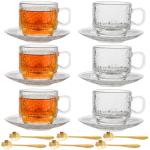 Atarvana 6 Pack Glass Tea Cups and Saucers Set with Spoons, Glazeal Stackable 5.41oz/160ml Heat-Resistant Espresso Cups, Transparent Tea Glass for Cappuccino, Latte, Cafe and Home Kitchen Use
