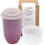 NOVA CERAMICS Coffee Travel Mug – Cup Holder Friendly Travel Mug– Microwave & Dishwasher Safe White & Purple Tumbler - Coffee Mug Fits In Cup Holder – 12oz – Astral Bloom