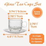 Atarvana 6 Pack Glass Tea Cups and Saucers Set with Spoons, Glazeal Stackable 5.41oz/160ml Heat-Resistant Espresso Cups, Transparent Tea Glass for Cappuccino, Latte, Cafe and Home Kitchen Use