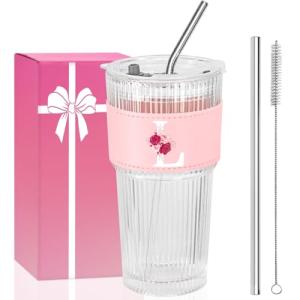 AiHeart Initial Glass Cup with Straw and Lid,20oz Ribbed Glass Tumbler,Ice Tea Coffee Matcha Tumbler, Monogrammed Gifts for Sister Girlfriend Aunt,Unique Birthday Gifts,Personalized Mother Day Gift-L