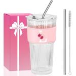 AiHeart Initial Glass Cup with Straw and Lid,20oz Ribbed Glass Tumbler,Ice Tea Coffee Matcha Tumbler, Monogrammed Gifts for Sister Girlfriend Aunt,Unique Birthday Gifts,Personalized Mother Day Gift-L