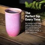 NOVA CERAMICS Coffee Travel Mug – Cup Holder Friendly Travel Mug– Microwave & Dishwasher Safe White & Purple Tumbler - Coffee Mug Fits In Cup Holder – 12oz – Astral Bloom