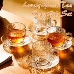 Atarvana 6 Pack Glass Tea Cups and Saucers Set with Spoons, Glazeal Stackable 5.41oz/160ml Heat-Resistant Espresso Cups, Transparent Tea Glass for Cappuccino, Latte, Cafe and Home Kitchen Use