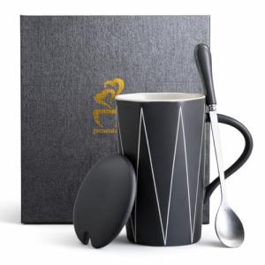 VALORIZE Ceramic Coffee Mug with Lid and Spoon, 13 oz Thick Heavy Coffee Cup for Office Desk, Modern Minimalist Geometric Zigzag Pattern Mug, Coffee Tea Mug with Gift Box for Work, Home & WFH (Black)