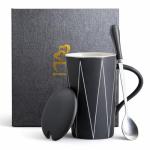 VALORIZE Ceramic Coffee Mug with Lid and Spoon, 13 oz Thick Heavy Coffee Cup for Office Desk, Modern Minimalist Geometric Zigzag Pattern Mug, Coffee Tea Mug with Gift Box for Work, Home & WFH (Black)