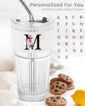 MNZZ Monogram Glass Cup with Lid Straw Ribbed Ice Tea Coffee Matcha Latte Clear Tumbler Regalos Mujer Vasos Asthetic Special Personalized Gift Mother Vidrio Day Mama Mommy Bonus Best Mom Ever Cute M