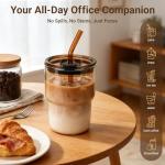 Luxfuel 16 oz Glass Tumbler with Lid & Straw, Reusable Iced Coffee Cup & Smoothie Cup, Leak-Proof Borosilicate Glass for Coffee, Iced Tea, Water – 1 Pack, Ideal for Office, Home & Travel, Amber