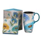 Topadorn Ceramic Travel Mug with Handle, Splash-Resistant Slider Lid, Suitable for Coffee and Tea, Microwave & Dishwasher Safe, 6.5" H Flowers and Butterflies Tea Mug