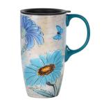 Topadorn Ceramic Travel Mug with Handle, Splash-Resistant Slider Lid, Suitable for Coffee and Tea, Microwave & Dishwasher Safe, 6.5" H Flowers and Butterflies Tea Mug