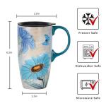 Topadorn Ceramic Travel Mug with Handle, Splash-Resistant Slider Lid, Suitable for Coffee and Tea, Microwave & Dishwasher Safe, 6.5" H Flowers and Butterflies Tea Mug