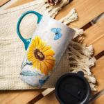 Topadorn Ceramic Travel Mug with Handle, Splash-Resistant Slider Lid, Suitable for Coffee and Tea, Microwave & Dishwasher Safe, 6.5" H Flowers and Butterflies Tea Mug