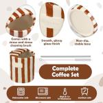 Ferrochef 1 Pack Ceramic Coffee Mug with Sip Hole Espresso Cup 10oz with Straws Retro Hand Painted Striped Porcelain Coffee Tea Cup Cappuccino Latte Mug for Kitchen Dining Travel (Brown)