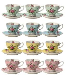 BTaT- Floral Tea Cups and Saucers, Set of 12, 8 oz, Fine Porcelain Teacup Set with Gold Trim for Afternoon Tea, Weddings, Parties & Gifting, Dishwasher Safe, Lightweight, Non-Toxic